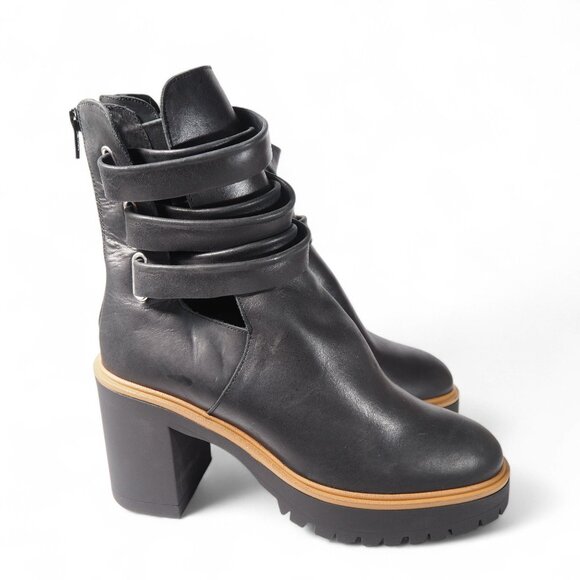 Free People Jesse Cutout Platform Chunky Heel Boots Women's 9/39.5 Black Leather - Picture 4 of 12